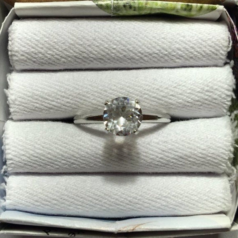 Vintage Engagement Ring Size 6.5 Simulated Diamond Silver Tone Band
